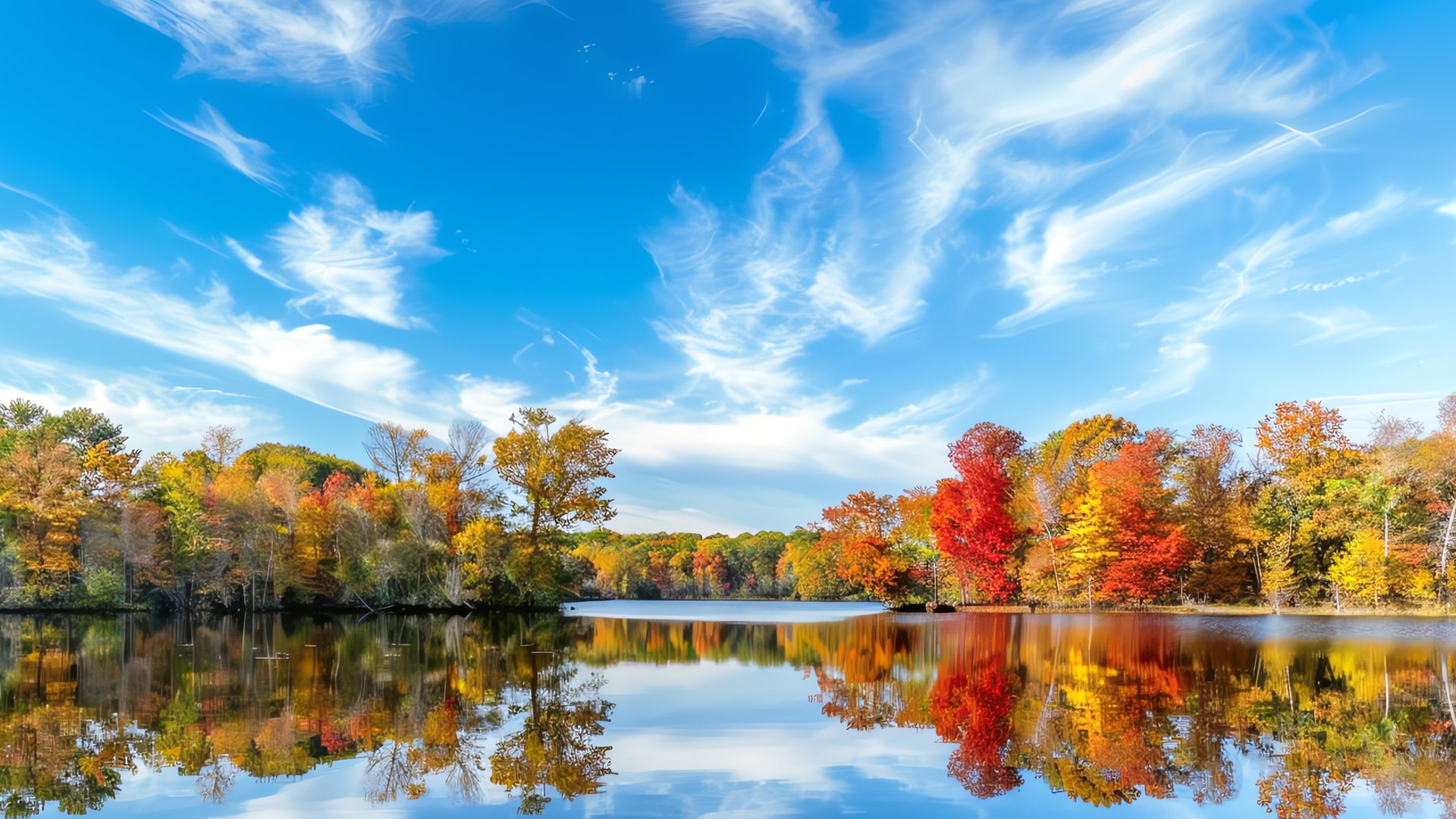 Autumn forest reflected in a still lake under a dramatically clouded sky